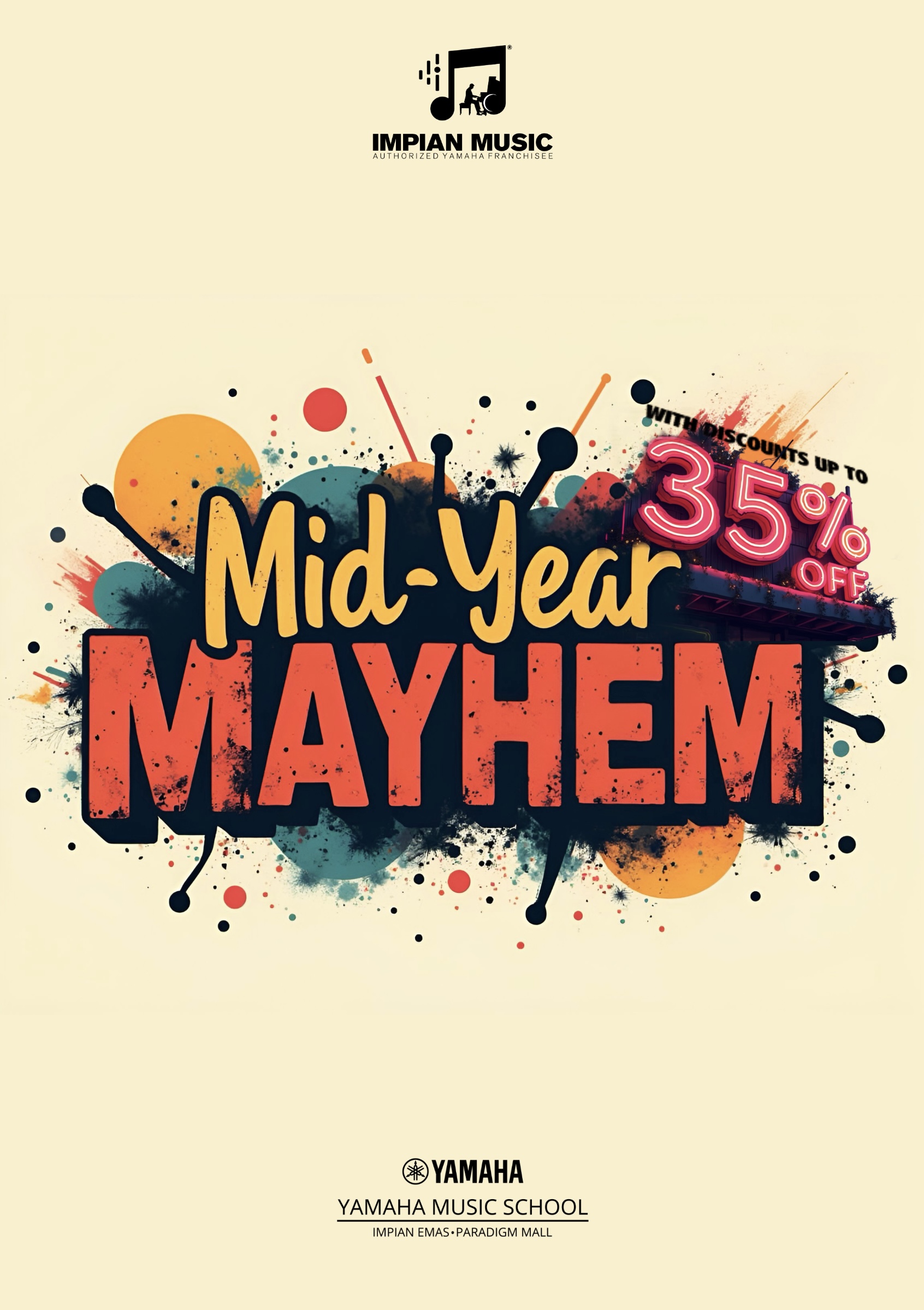 Mid-Year Mayhem Sale Yamaha Impian Emas Music Centre Johor Malaysia June 2025 Sale Promotion Hanging A4 Poster