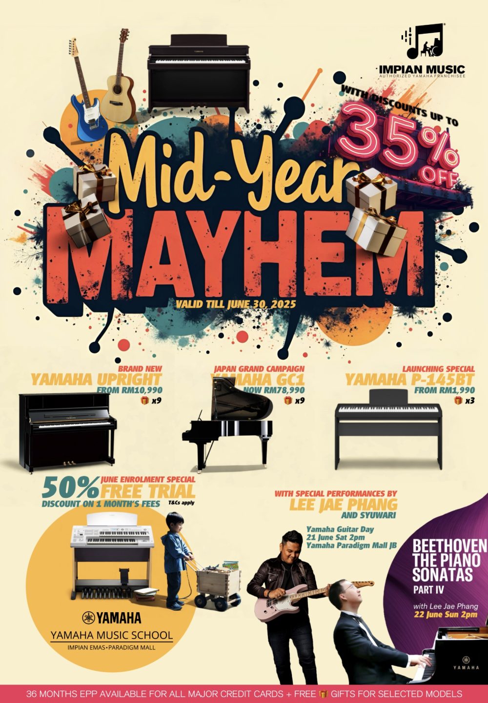Mid-Year Mayhem Sale Yamaha Impian Emas Music Centre Johor Malaysia June 2025 Sale Promotion Poster