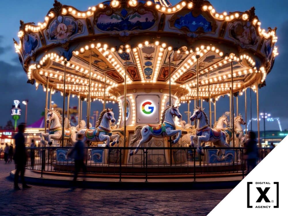Google AI Mode blog carousels showing blog posts as clickable cards inside AI search results reimagined as a horse carousel at a fairground